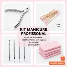 KIT MANICURE  Alicate de Cutícula, 25 Lixas Buffer, 4 Espátulas Para Cutículas e 100 Mini Palitos com Algodão na Ponta