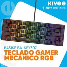 KIVEE Teclado Gamer Mini Compacto de 60% Iluminação RGB KEY307 Com Fio Layout ABNT2 Conexão USB-C