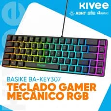 Kivee X Basike Teclado Gamer Mini Compacto de 60% Iluminação RGB Com Fio Layout ABNT2 Conexão USB-C KEY307