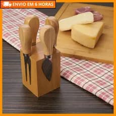 Jogo Conjunto 4 Peças para Queijo Kit em Aço Inox com Cabo de Madeira em Bambu