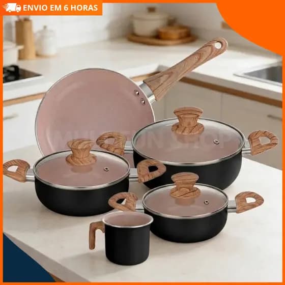 Jogo De Panelas Cerâmica 5 Peças Antiaderente Indução Cabos Toque Amadeirado Kit Cozinha Completa Saudável Premium Luxo