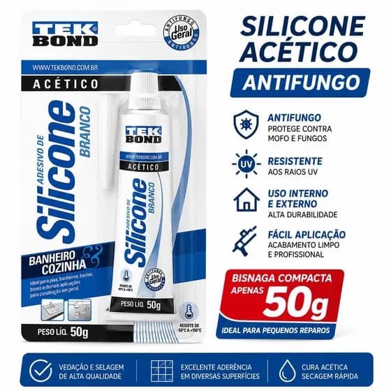 Silicone Acético Tekbond Branco 50g Vedação Profissional Antifungo Para Banheiro Cozinha Vidro Alumínio