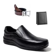 Kit Sapato Social Couro Legítimo Ortopédico Anti Stress Antiderrapante Cinto Social + Carteira Slim