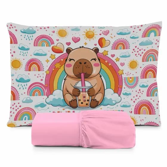 JOGO DE LENÇOL SOLTEIRO INFANTIL CAPIVARA CAPYBARA ARCO IRIS COLORIDO  FOFA LENÇOL DE ELASTICO