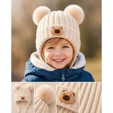 Gorro de Inverno Infantil com Proteção de Orelhas, Dois Pompoms e Aplique de Urso | MZ-666