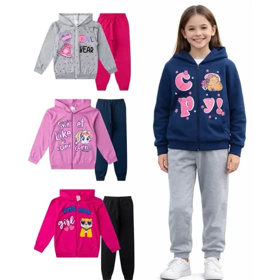 KIT 2 Conjunto Infantil Feminino Jaqueta Moleton c/ Zíper, Calça de  Moletom
