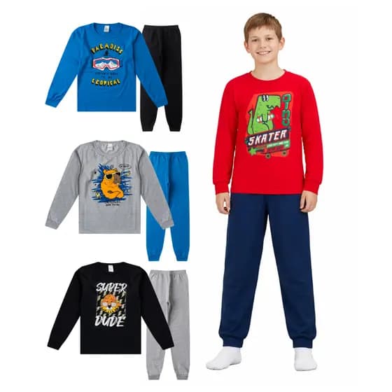 kit 2 Conjunto Juvenil Masculino Blusa meia malha, Calça de Moletom