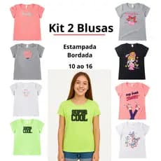 Kit 2 Camisetas/Blusas Juvenil Feminina – Estampada ou Bordada (Tamanhos 10 ao 16)