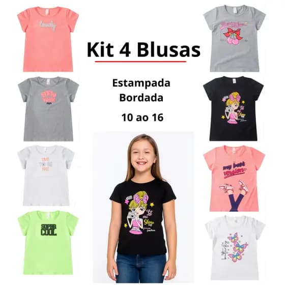 Kit de 4 Blusas Juvenil Feminina Estampada ou Bordada Tamanho 10 ao 16