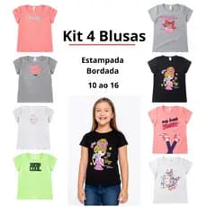 Kit de 4 Blusas Juvenil Feminina Estampada ou Bordada Tamanho 10 ao 16