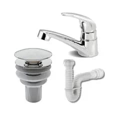 Kit Banheiro ABS Completo – Torneira Mono Up Cromada + Válvula Click 7/8 Cromada e Sifão Flexível Branco