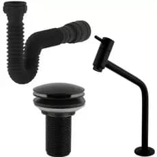 Kit Banheiro Premium em ABS – Torneira Link Preto + Ralo Click 7/8 Preto + Sifão Flexível Preto