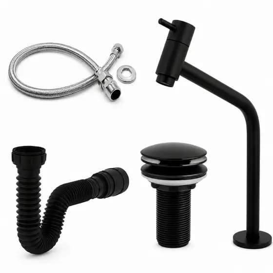 Kit Banheiro ABS Torneira Bancada Link Preta + Válvula Click 7/8 Preta + Sifão Flexível Preto + engate flexivel 40cm