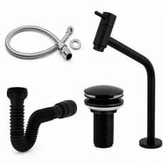 Kit Banheiro ABS Torneira Bancada Link Preta + Válvula Click 7/8 Preta + Sifão Flexível Preto + engate flexivel 40cm