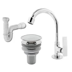 Kit Banheiro Torneira Lavatório Alavanca Inox e ABS  + Válvula Click 7/8 Cromada + Sifão Universal Branco