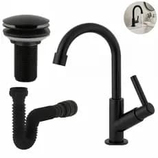 Kit Completo Torneira Banheiro Preto Fosco ABS + Sifão 72cm + Válvula Click 7/8