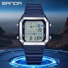 SANDA 6307 Moderno Retro Digital Relógio Masculino Dual Time Display À Prova D'água Estilo De Rua Presente
