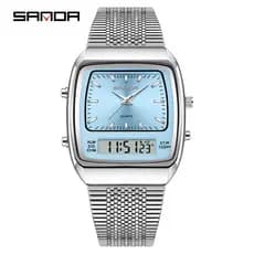 SANDA 3393 Clássico Moda Masculina Relógio Dual Display Pulseira De Aço À Prova D'água Casual Relógios Masculinos Presen