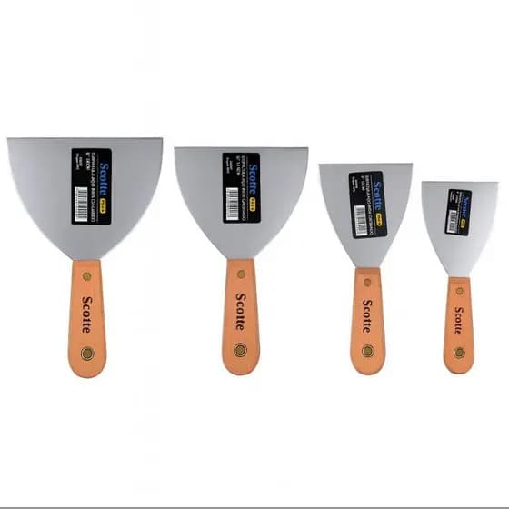 Kit 4 Espátulas Aço Inox Cabo Madeira Scotte Profissional Gesso Massa Drywall