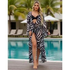 Saida Feminina Elegante Vestido Longo Estampado Modelo Sereia Frente Aberta Manga Longas Moda Praia