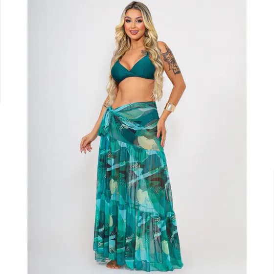 Saia Longa Midi Modelo Pareô Tule Estampado Amarração lateral 3 Marias Feminina Saída De Praia Verão