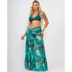 Saia Longa Midi Modelo Pareô Tule Estampado Amarração lateral 3 Marias Feminina Saída De Praia Verão