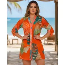 Saída De Praia Feminina Vestido Curto Elegante Manga Longa Botões Frontal Transparente Estampado