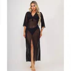 Vestido Midi Longo Feminino Adulto Moda Praia Elegante Tecido Tule Transparente Fenda Frontal Liso