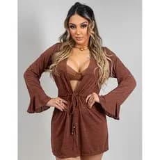 Saída Praia Adulto Vestido Curto Feminino Frente Vazada Amarração Frontal Manga Longa Transparente