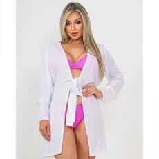Chemise Feminina Saída De Praia Camisa Manga Longa Camisão Luxo Soltinha Amarração Frontal Verão