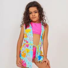 Roupão Infantil  Menina Estampado Amarração Frontal Moda Praia Aveludado Acolchoado Banho Piscina