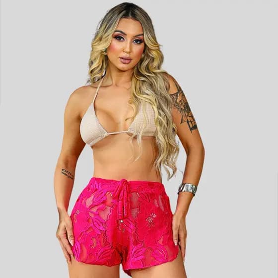 Saída De Praia Short Feminino Renda Transparente Furadinho Shortinho Adulto Arrumadinho Varias Cores