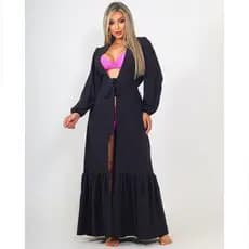 Vestido Longo Saída De Praia Chique Manga Longa Leve Transparência Elegante Liso Amarração Frontal