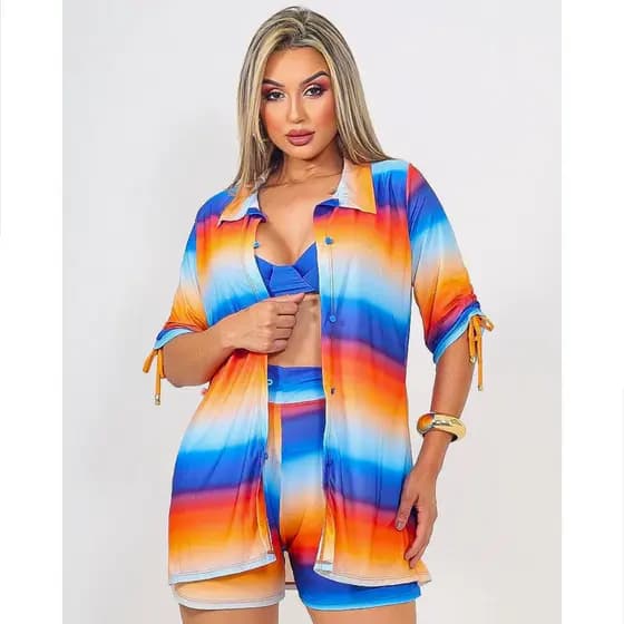 Conjunto Feminino Quimono E Short Chemise Estampada Camisão Manga Média Bata Saída De Praia Verão