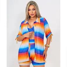 Conjunto Feminino Quimono E Short Chemise Estampada Camisão Manga Média Bata Saída De Praia Verão