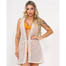 Vestido Curto Feminino Saída Praia Transparente Furadinha Kimono Arrastão Regatinha Tendência Verão