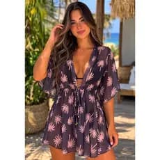 Vestido Feminino Estampado Curto Saída De Praia Elegante Frente Única Amarração Frontal Transparente