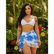 Saida De Praia Feminina Saia Curta Amarração Lateral Estampado Estampas Vibrantes Babado Franjinha