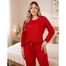 Pijama De Renda Inverno Feminino Liso Estampado Calça Cintura Alta Blusa Manga Longa Gola Redonda