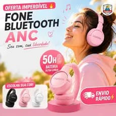 Almofadas Confortáveis, Fone de Ouvido Headphone Sem Fio ANC Hi-Fi, Bluetooth 5.3, Dobrável, Bateria de Longa Duração