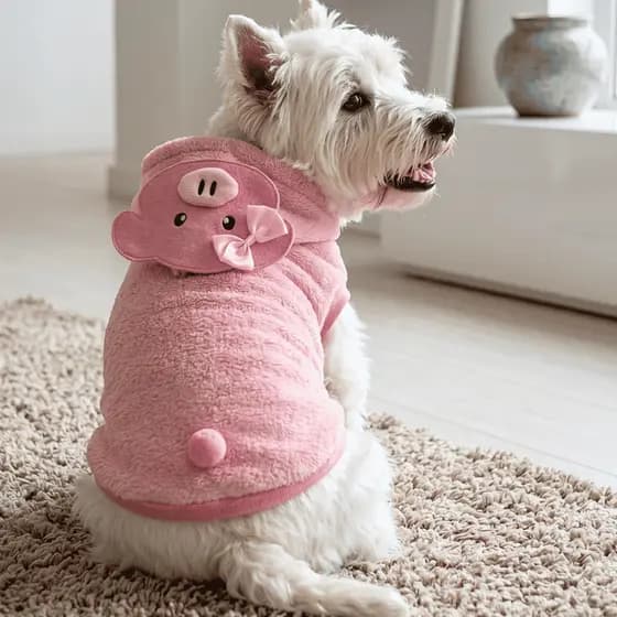 Roupa Pet Porquinho Fantasia Cachorro Gato Fleece Rosa Capuz Focinho Laço Blusa Inverno