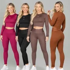 Conjunto Legging Cintura Alta e Cropped Manga Longa Fitness Feminino Savancini Lycra Não Transparente Academia