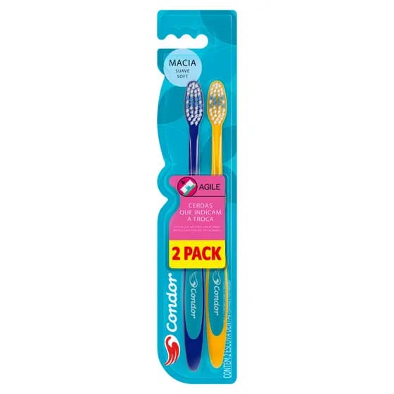 Condor - Escova Dental Agile Cabeça - M 2 Unidades - Cerdas Macias e Limpeza Higiene Bucal Eficiente