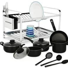 Escorredor De Pratos Inox E Conjunto Kit Jogo Panela Preto
