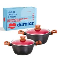 Jogo Panela 2 Caçarola Antiaderente Cerâmica N18 N22 Red Marble Indução Fogão Cooktop Vermelho Duralar