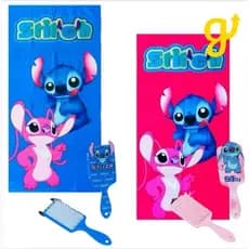 Kit Stitch Toalha de Banho de Algodão com Escova de Cabelo Almofadada Cerdas Macias Banho Praia Piscina