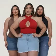 Blusa Cropped Amarração Frente Única Plus Size Moda Gringa Suplex MultiForma Forrado Vermelho Branco