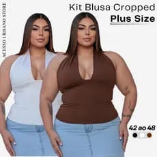 Kit 2 Blusa Feminina Plus Size Top Cropped Com Amarração Tecido Suplex Frente Única Moda Gringa