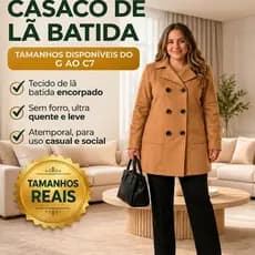 Sobretudo Feminino Plus Size G GG G1 G2 G3 G4 G5 G6 G7 Lã Batida Com Elastano Elegante Inverno Cinto