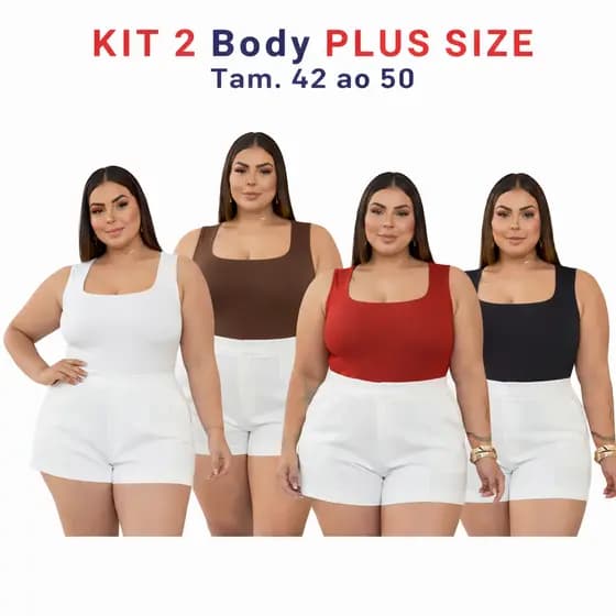 Kit 2 Body Plus Size Feminino Suplex Decote Quadrado Manga Curta